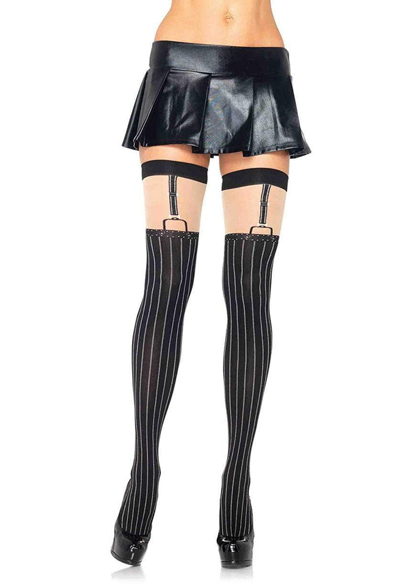 Dove Pinstriped Suspender Thigh High Stockings